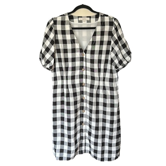 LOFT Gingham Linen Blend Button Up Dress Black White Preppy Girly Casual Size 10 - Picture 15 of 16